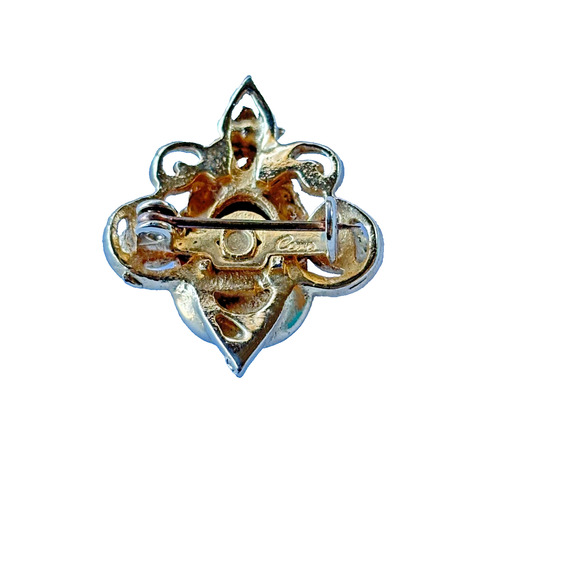 Coro signed vintage aqua blue rhinestone & faux pearl brooch pin goldtone 1" - Picture 9 of 13